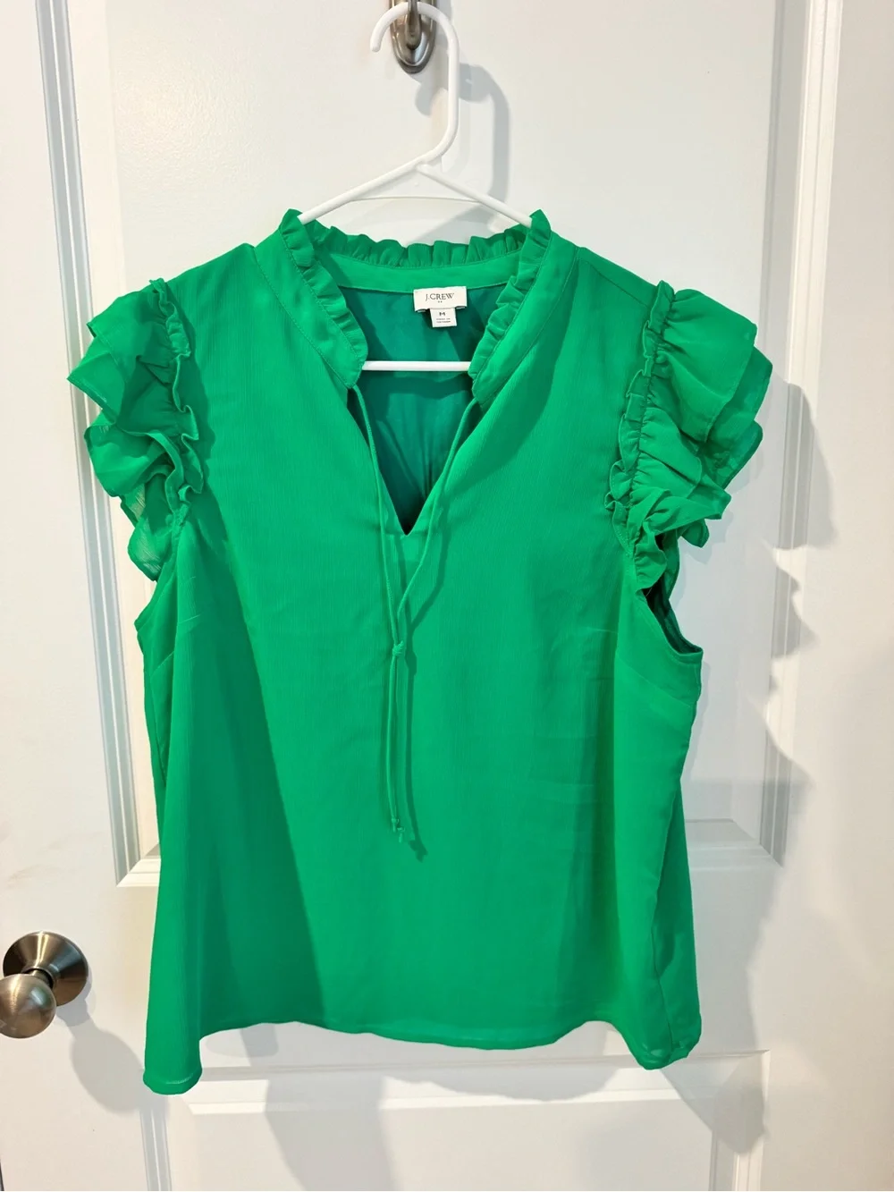 J. Crew Bright Green Ruffle Cap-Sleeve Tie-Neck Blouse